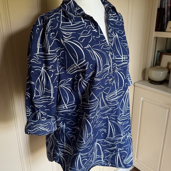 Talbots Navy Blue White Sailboat Nautical Cotton Tunic Top Long Sleeve XL - Picture 3 of 6